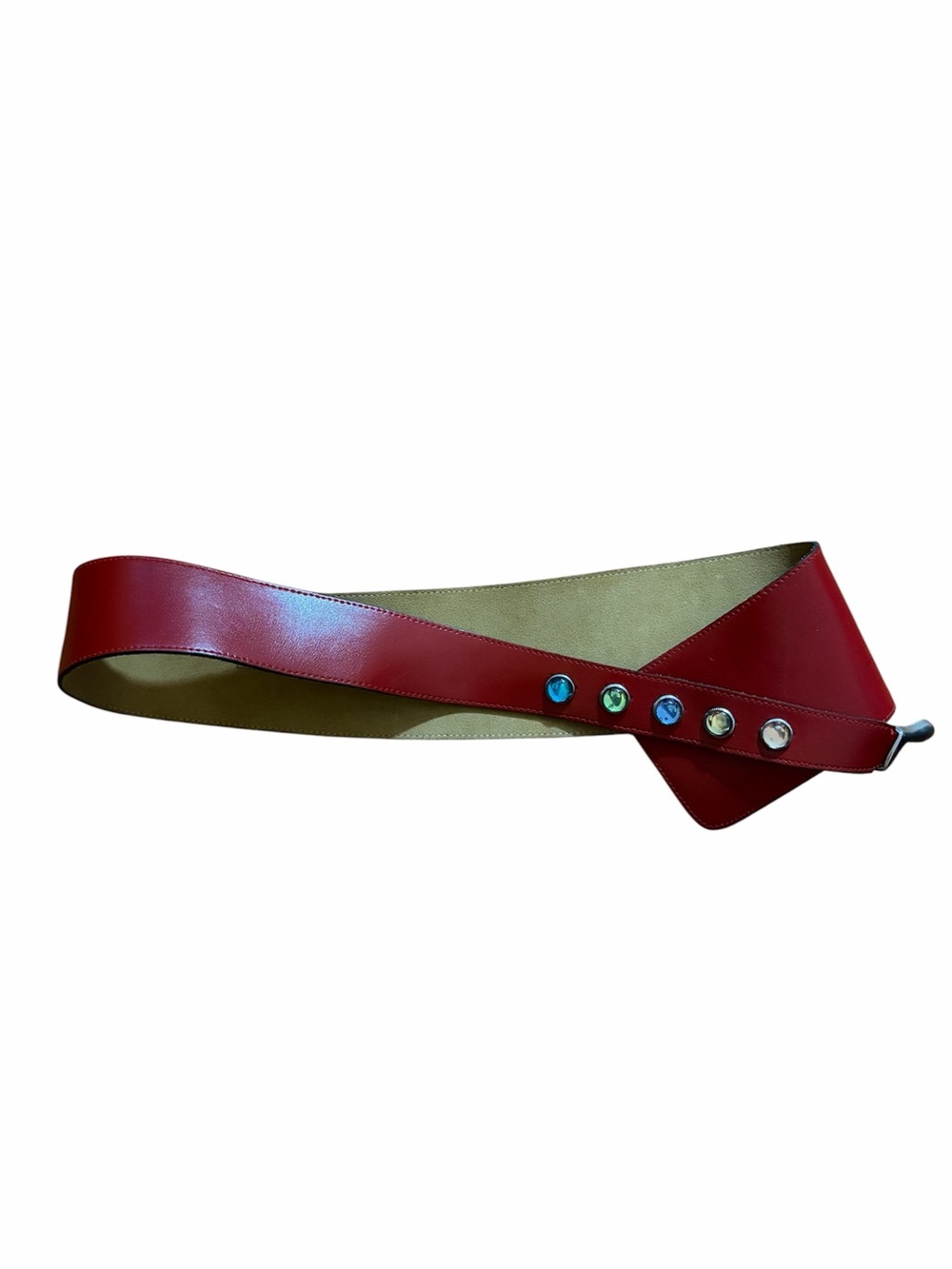 Vintage 80s Wide Red Leather Statement Waist Belt Gem Studs